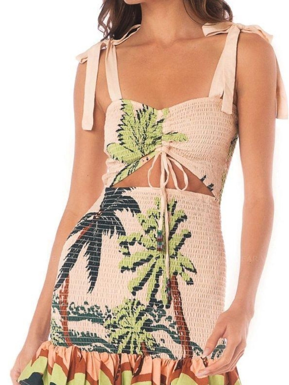 Maaji Peach Tropical Palm Print Tie-Shoulder Dress